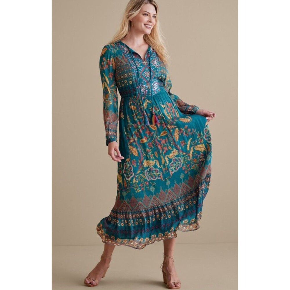 Soft Surroundings Dress XL Blue Mirapani Prairie Tiered Boho Embroidered Maxi